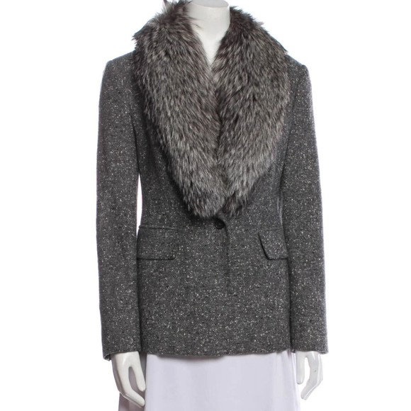 Designer Michael Kors Collection Grey Tweed Shawl Collar Fox Fur Trim Blazer Med - Picture 1 of 7